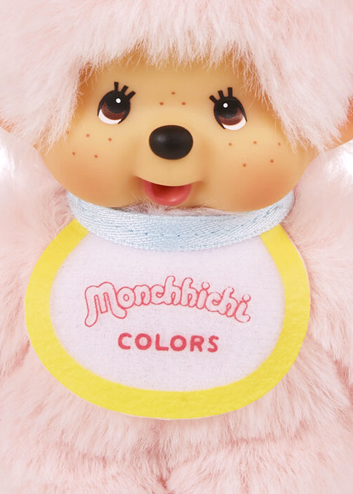Sekiguchi Monchhichi Colors Pink Plush Mascot Keychain in pink with faux fur Monchhichi body and ball chain on kawaii rave accessory — face detail view