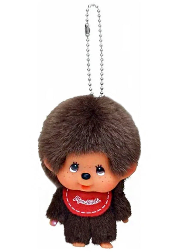Sekiguchi Monchhichi-Kun Big Head Plush Mascot Keychain in brown with oversized Monchhichi-Kun head on soft plush kawaii mascot keychain — front view