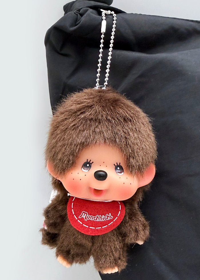 Sekiguchi Monchhichi-Kun Big Head Plush Mascot Keychain in brown with oversized Monchhichi-Kun head on soft plush kawaii mascot keychain — model view