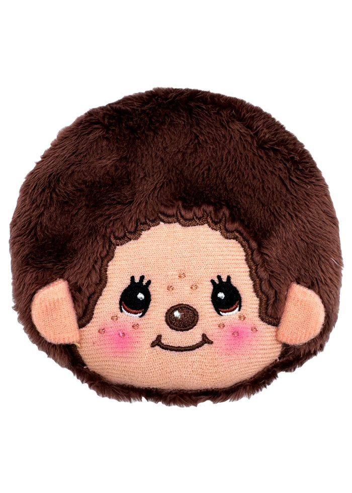 Sekiguchi Monchhichi-Kun Face Plush Coin Bag in brown with embroidered Monchhichi-Kun face and bell charm on soft plush kawaii coin bag — front view