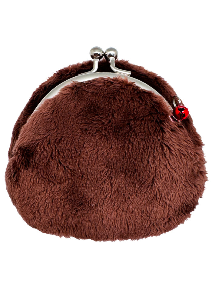 Sekiguchi Monchhichi-Kun Face Plush Coin Bag in brown with embroidered Monchhichi-Kun face and bell charm on soft plush kawaii coin bag — back view