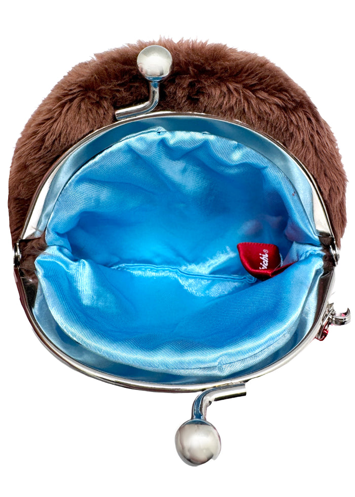 Sekiguchi Monchhichi-Kun Face Plush Coin Bag in brown with embroidered Monchhichi-Kun face and bell charm on soft plush kawaii coin bag — detail view