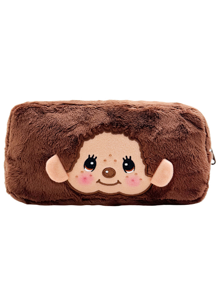 Sekiguchi Monchhichi-Kun Face Plush Cosmetic Bag in brown with embroidered Monchhichi-Kun face on soft plush kawaii makeup bag — front view