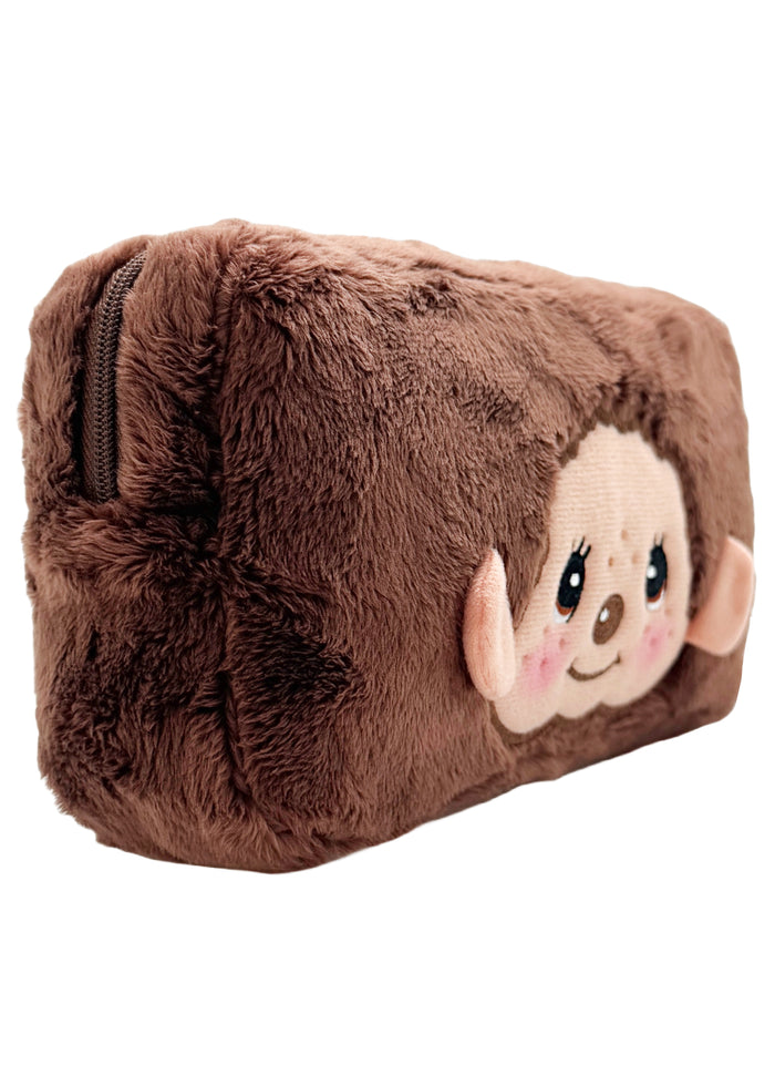 Sekiguchi Monchhichi-Kun Face Plush Cosmetic Bag in brown with embroidered Monchhichi-Kun face on soft plush kawaii makeup bag — side view