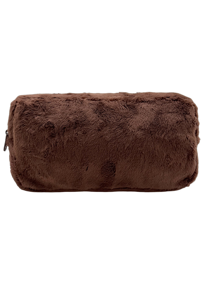 Sekiguchi Monchhichi-Kun Face Plush Cosmetic Bag in brown with embroidered Monchhichi-Kun face on soft plush kawaii makeup bag — back view