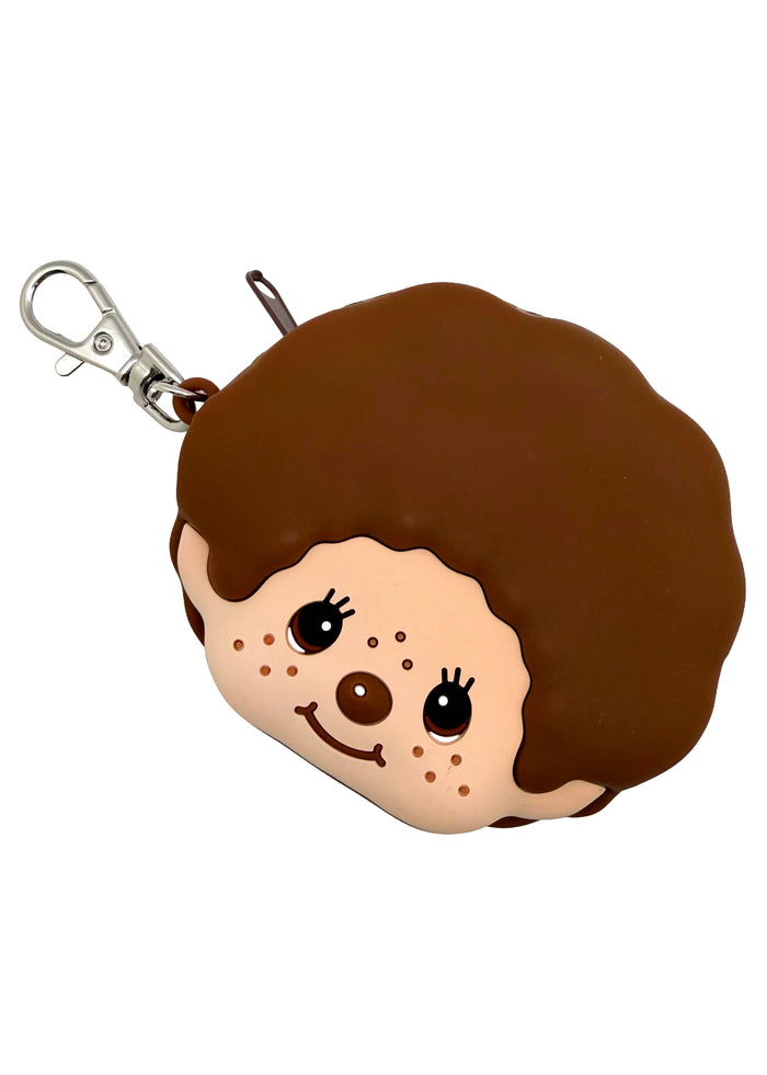 Sekiguchi Monchhichi-Kun Face Silicone Coin Pouch in brown with 3D Monchhichi-Kun face on smooth silicone kawaii wristlet coin pouch — front view