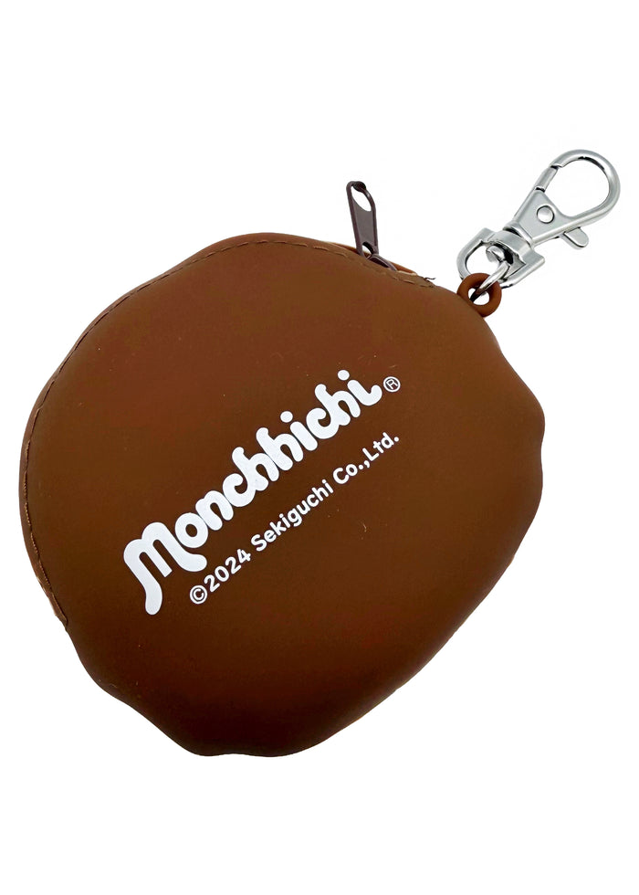 Sekiguchi Monchhichi-Kun Face Silicone Coin Pouch in brown with 3D Monchhichi-Kun face on smooth silicone kawaii wristlet coin pouch — back view