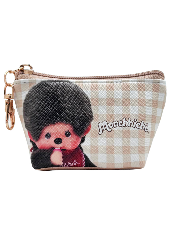 Sekiguchi Monchhichi-Kun Gingham Mini Coin Pouch in brown with Monchhichi-Kun face print on gingham vegan leather kawaii mini coin pouch — front view
