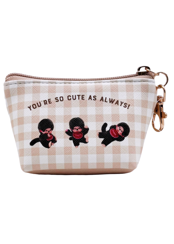 Sekiguchi Monchhichi-Kun Gingham Mini Coin Pouch in brown with Monchhichi-Kun face print on gingham vegan leather kawaii mini coin pouch — back view