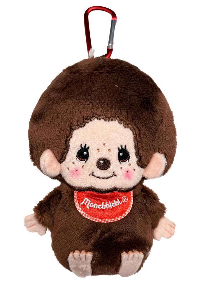 Sekiguchi Monchhichi-Kun Plush Mascot Carabiner Pouch in brown with Monchhichi-Kun plush figure and carabiner hook on kawaii mascot pouch — front view