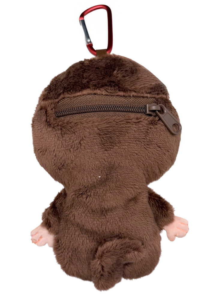 Sekiguchi Monchhichi-Kun Plush Mascot Carabiner Pouch in brown with Monchhichi-Kun plush figure and carabiner hook on kawaii mascot pouch — back view
