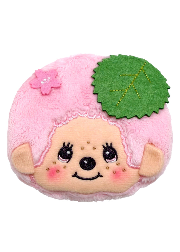 Sekiguchi Monchhichi-Kun Sakura Mochi Pink Plush Coin Bag with embroidered Monchhichi-Kun face and sakura leaf accent — front view