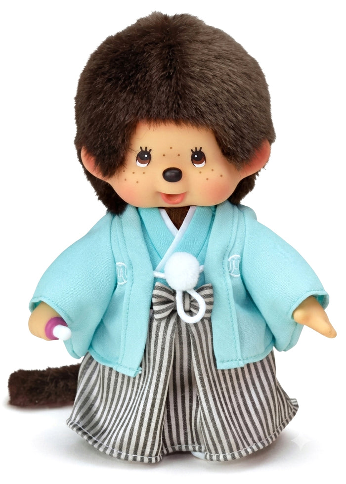 Sekiguchi Monchhichi Montsuki Hakama Monchhichi-Kun Plush Doll in mint blue montsuki kimono and striped hakama — front view