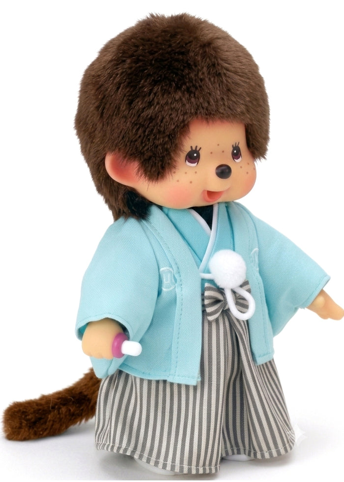 Sekiguchi Monchhichi Montsuki Hakama Monchhichi-Kun Plush Doll — side view showing kimono and pom-pom cord detail