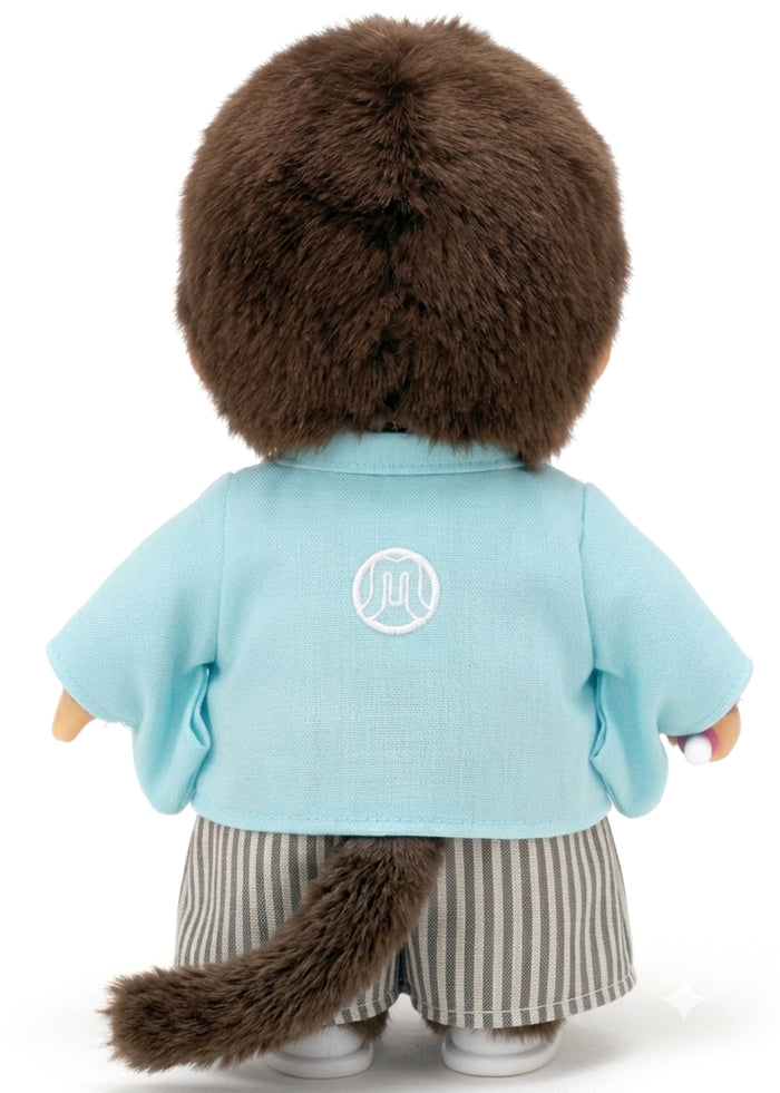Sekiguchi Monchhichi Montsuki Hakama Monchhichi-Kun Plush Doll showing embroidered family crest on back — back view