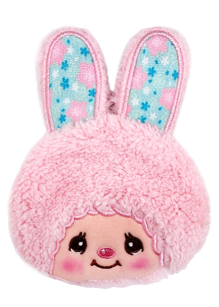 Sekiguchi Monchhichi Sweet Chimutan Pink Bunny Plush Coin Bag in pink with embroidered Chimutan face and floppy ears on kawaii plush coin bag — front view