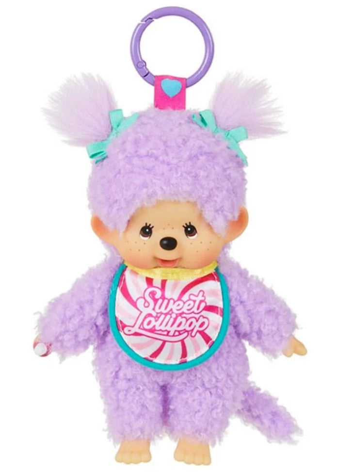 Sekiguchi Monchhichi Sweet Lollipop Purple Plush Mascot Keychain with Sweet Lollipop bib and mint bow accents — front view