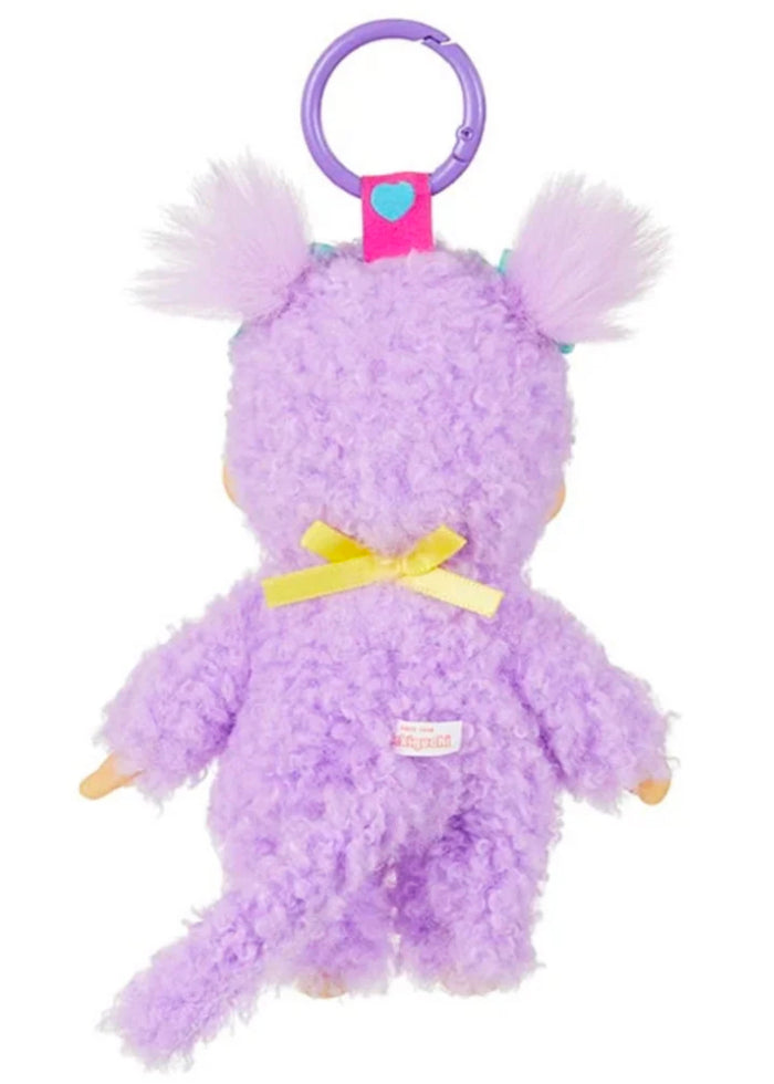 Sekiguchi Monchhichi Sweet Lollipop Purple Plush Mascot Keychain with yellow ribbon and purple O-ring clip — back view