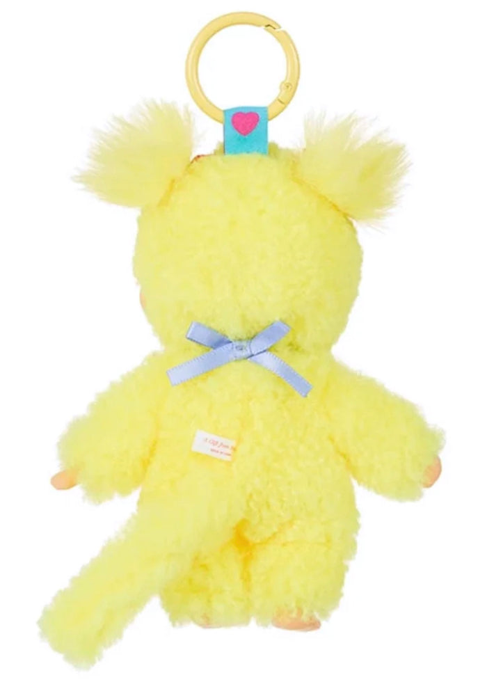 Sekiguchi Monchhichi Sweet Lollipop Yellow Plush Mascot Keychain with blue ribbon and yellow O-ring clip — back view