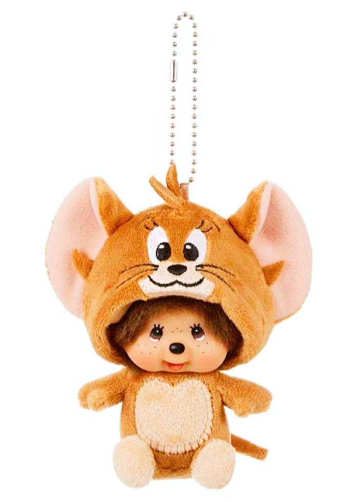 Sekiguchi Monchhichi x Tom & Jerry Jerry Cosplay Plush Mascot Keychain with embroidered Jerry mouse face and pink ears — front view