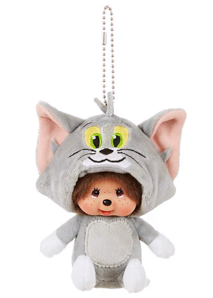 Sekiguchi Monchhichi x Tom & Jerry Tom Cosplay Plush Mascot Keychain with embroidered Tom cat face and pink ears — front view