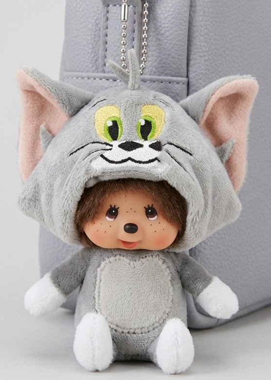 Sekiguchi Monchhichi x Tom & Jerry Tom Cosplay Plush Mascot Keychain clipped to grey bag — styled view