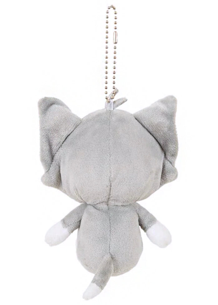 Sekiguchi Monchhichi x Tom & Jerry Tom Cosplay Plush Mascot Keychain with ball chain and cat tail detail — back view