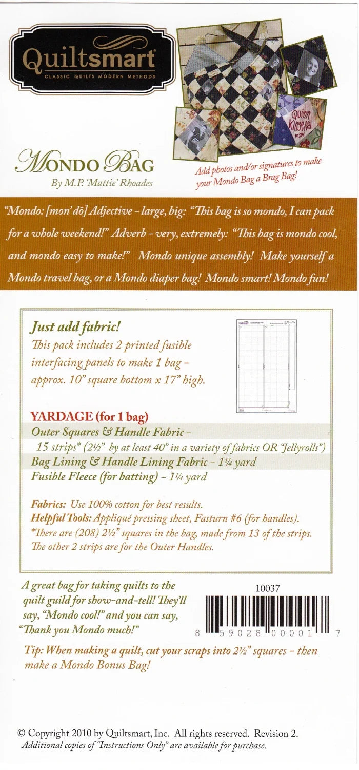 Mondo Bag Pattern - Printed Fusible Interfacing Tote Bag Pattern