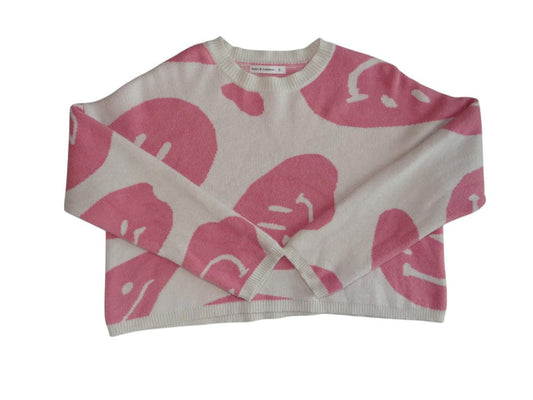 Moon & Madison Cropped Sweater   Pink Smiley Print, Size S0