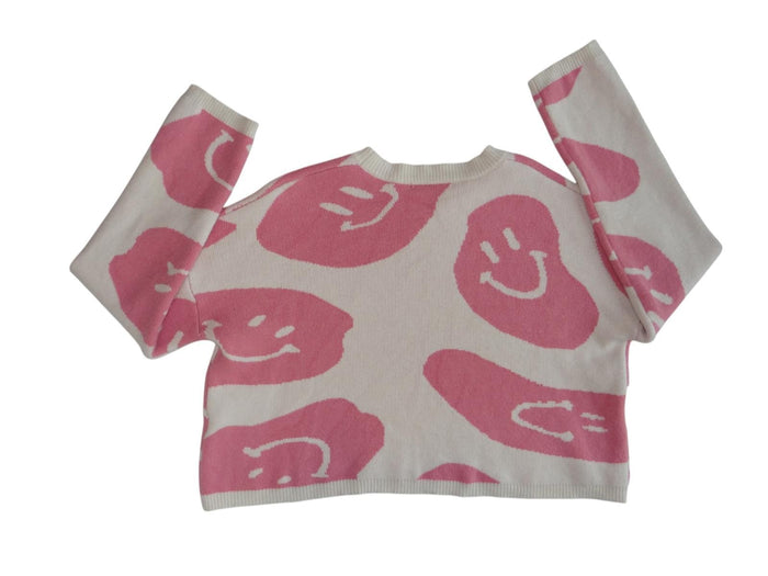 Moon & Madison Cropped Sweater   Pink Smiley Print, Size S2