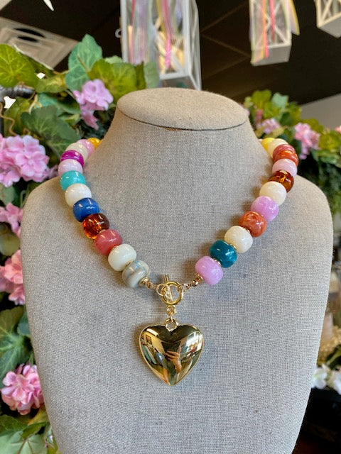 Multi-Beaded Heart Charm Toggle Necklace