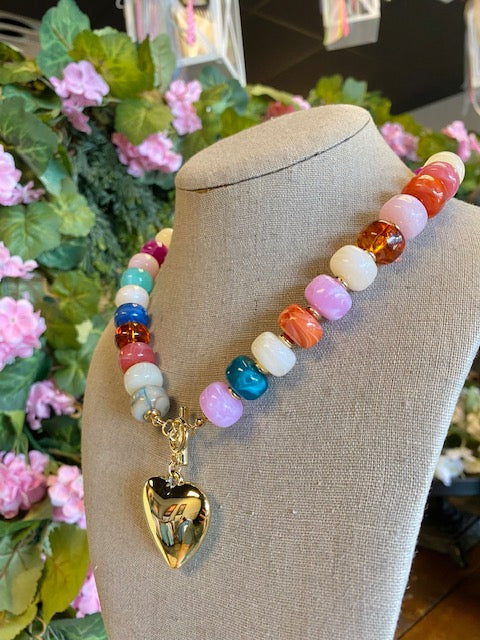 Multi-Beaded Heart Charm Toggle Necklace