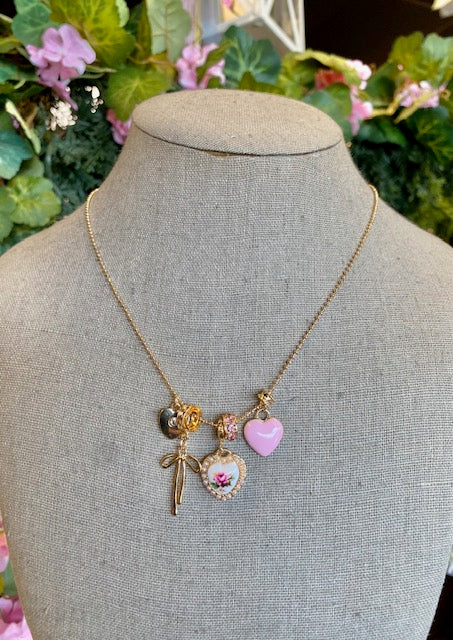 Multi-Charm Porcelain Bow Ball Chain Necklace