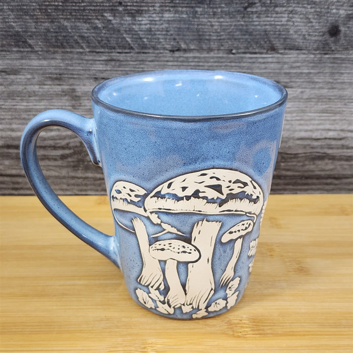 Mushroom Mug Ceramic Tea Coffee Cup Toadstool Botanical Blue Sky 17oz Embossed