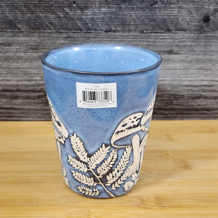 Mushroom Mug Ceramic Tea Coffee Cup Toadstool Botanical Blue Sky 17oz Embossed