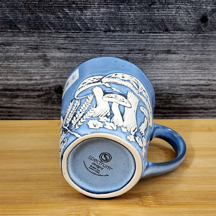 Mushroom Mug Ceramic Tea Coffee Cup Toadstool Botanical Blue Sky 17oz Embossed