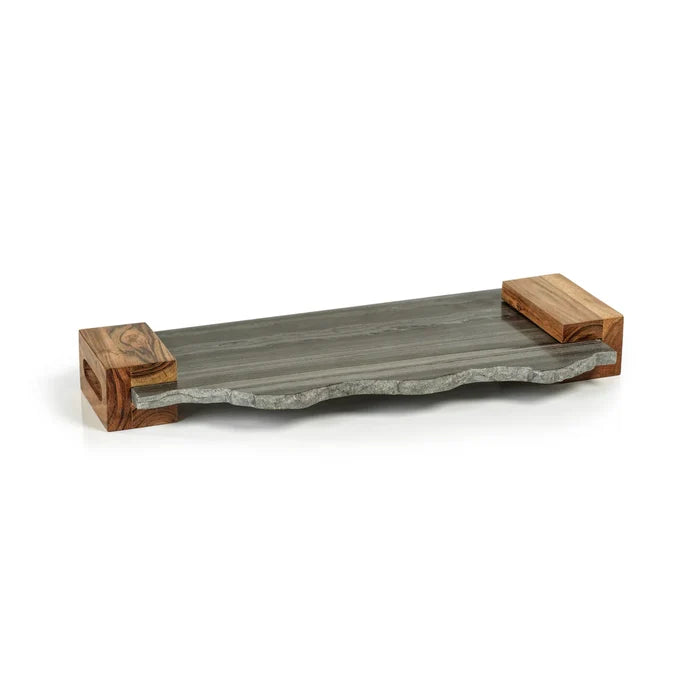NAIROBI GRAY MARBLE TRAY WITH ACACIA HANDLES