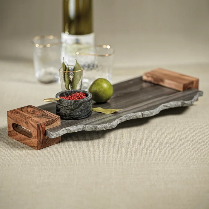 NAIROBI GRAY MARBLE TRAY WITH ACACIA HANDLES