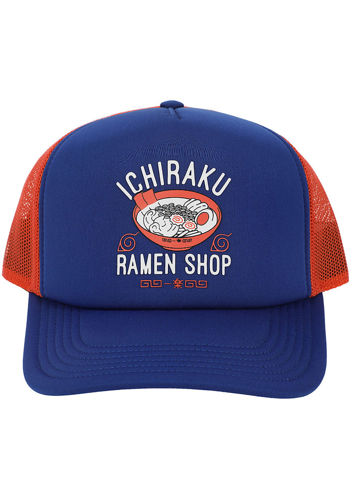 Bioworld Naruto Ichiraku Ramen Contrast Trucker Hat in blue orange with Ichiraku Ramen print on anime fandom rave festival hat — front view