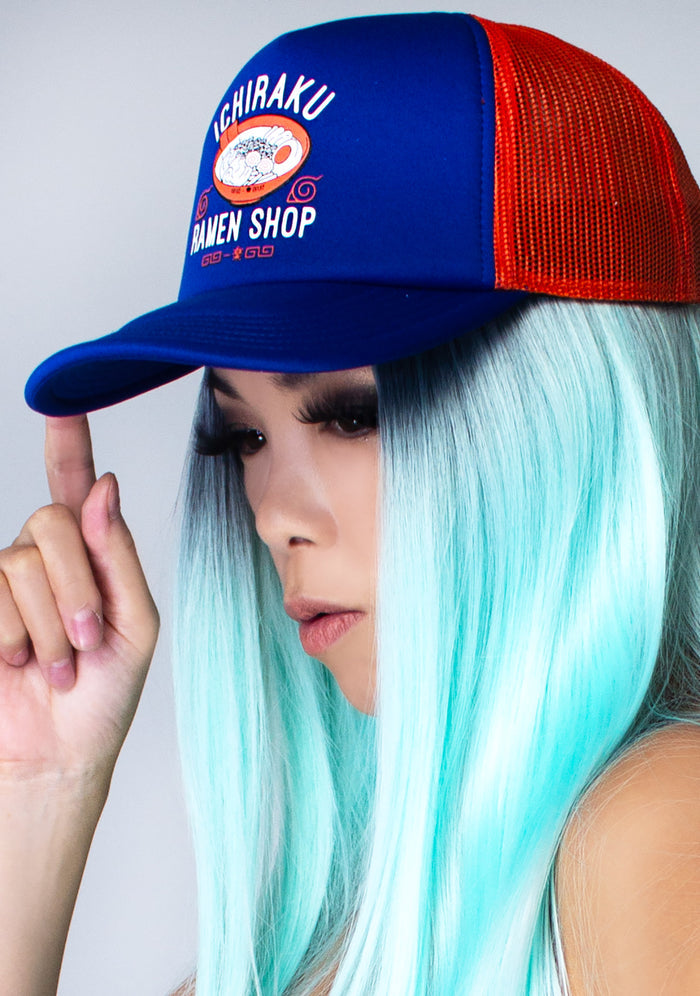 Bioworld Naruto Ichiraku Ramen Contrast Trucker Hat in blue orange — model side view