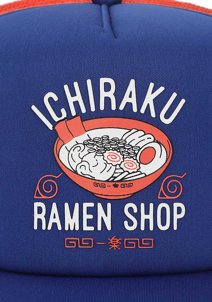 Bioworld Naruto Ichiraku Ramen Contrast Trucker Hat in blue orange — graphic detail view