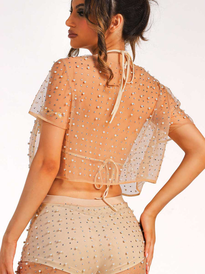 Natural Color Pearl Rhinestone Top and Maxi Skirt Set