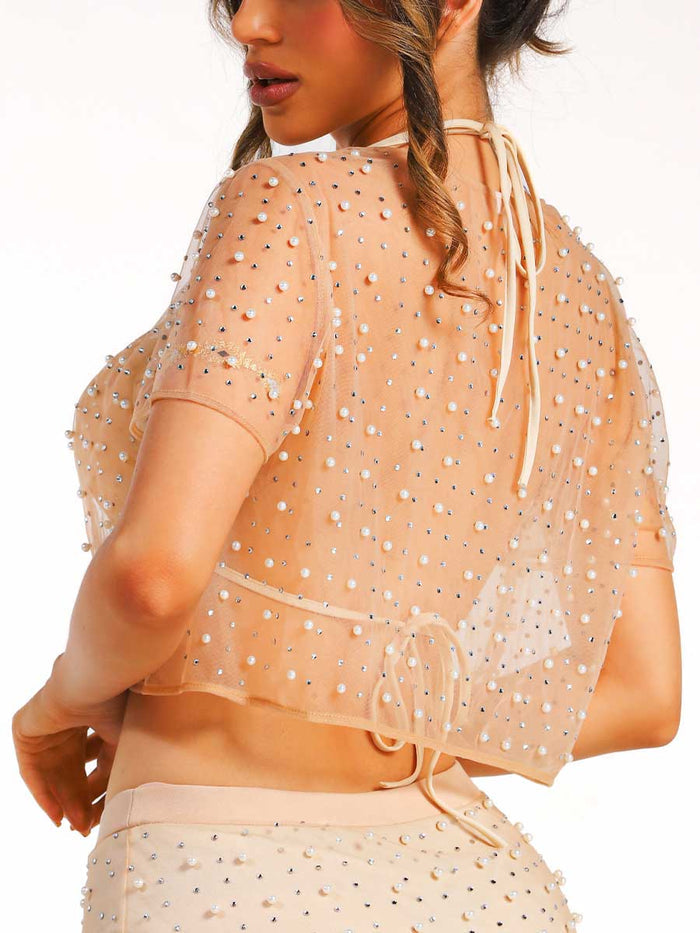 Natural Color Pearl Rhinestone Top and Maxi Skirt Set