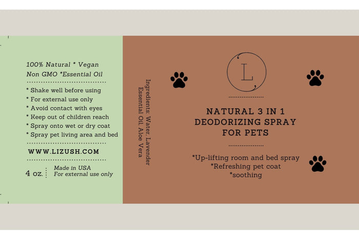 Label of Natural Pet Deodorizing Spray - Freshening mist for dogs and cats bottle | Lizush