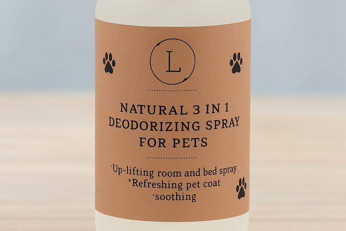 Close up of label of Natural Pet Deodorizing Spray - Plant-based freshening mist spray bottle | Lizush