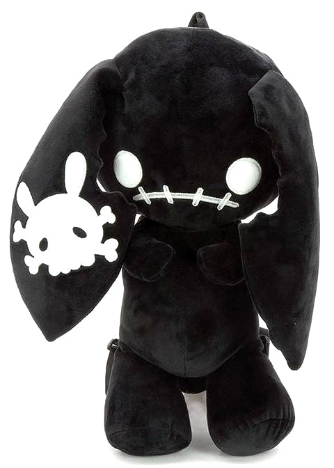 Sleepyville Critters Naughty Bunny Black Plush Backpack in black with 3D plush bunny design and skull patch ear accent on rave festival backpack — front view