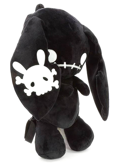 Sleepyville Critters Naughty Bunny Black Plush Backpack in black with 3D plush bunny design and skull patch ear accent on rave festival backpack — side view