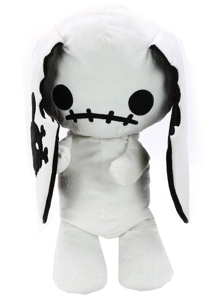 Sleepyville Critters Naughty Bunny Glow in the Dark Plush Backpack in white black with 3D bunny plush, glow-in-the-dark face, and skull patch ear on kawaii goth rave backpack — front view
