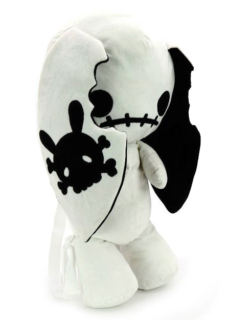 Sleepyville Critters Naughty Bunny Glow in the Dark Plush Backpack in white black with 3D bunny plush, glow-in-the-dark face, and skull patch ear on kawaii goth rave backpack — side view