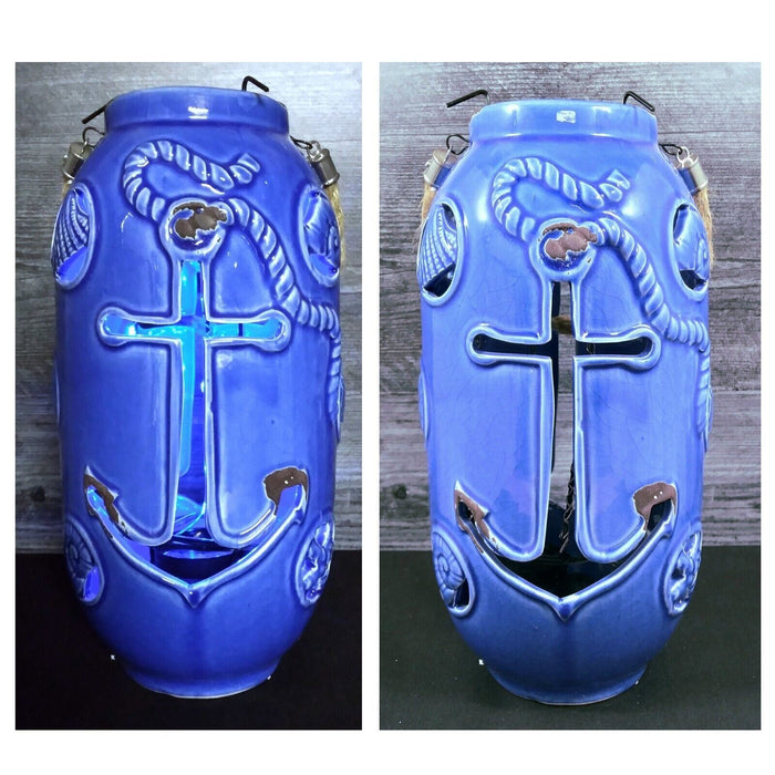Nautical Maritime Lantern Dark Blue With Blue Led Lights Weathered Look Lamp